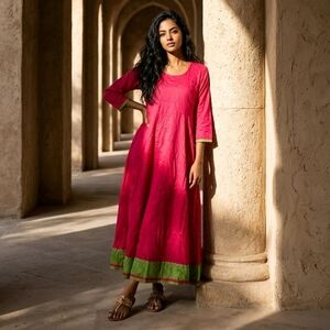 NKY Pakistani Anarkali Kurta Midi Dress M Hot Pink Lime Foil Border Boho Chic